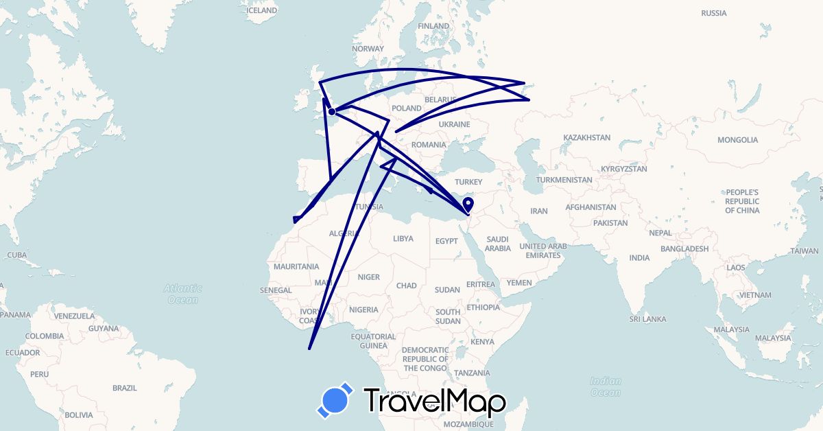 TravelMap itinerary: driving in Austria, Czech Republic, Germany, Spain, United Kingdom, Greece, Croatia, Hungary, Israel, Italy, Morocco, Netherlands, Russia (Africa, Asia, Europe)